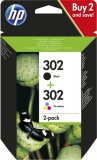 HP 302 originele zwarte/drie-kleuren inktcartridges, 2-pack